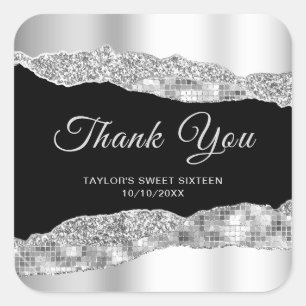 Silver Black Glam Tears Sweet Sixteen Thank You Square Sticker