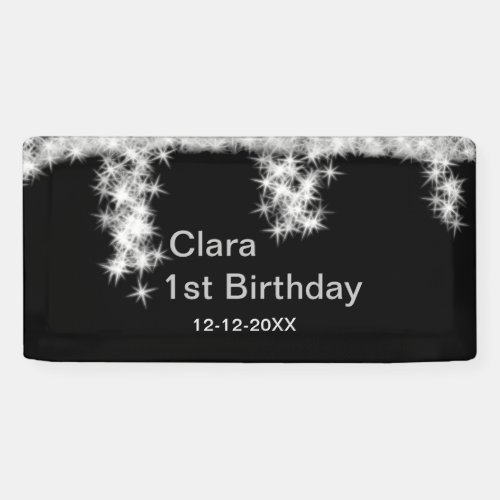 Silver black glitter add name birthday date year t banner
