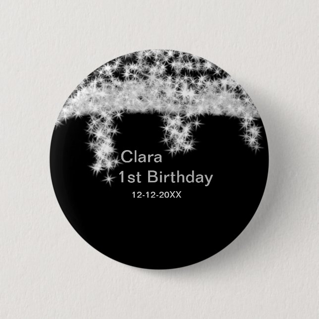 Silver black glitter add name birthday date year t button (Front)