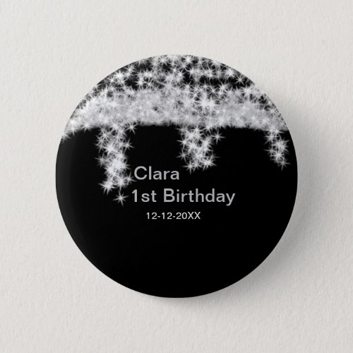 Silver black glitter add name birthday date year t button