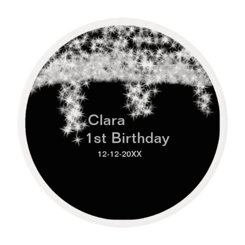 Silver black glitter add name birthday date year t edible frosting rounds