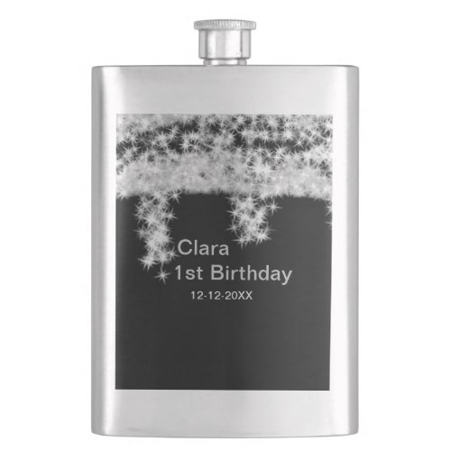 Silver black glitter add name birthday date year t flask