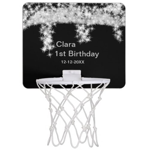 Silver black glitter add name birthday date year t mini basketball hoop