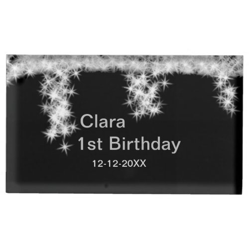 Silver black glitter add name birthday date year t place card holder