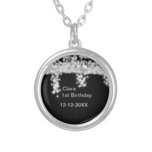 Silver black glitter add name birthday date year t plated necklace