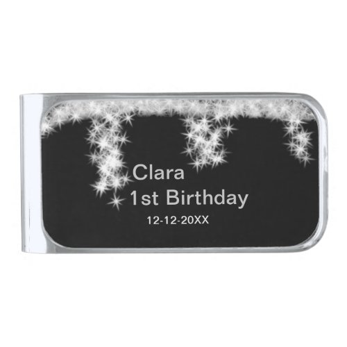 Silver black glitter add name birthday date year t silver finish money clip
