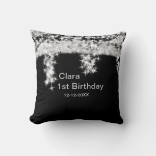 Silver black glitter add name birthday date year t throw pillow
