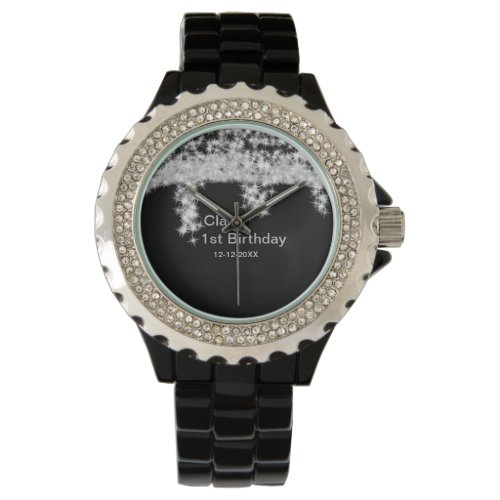 Silver black glitter add name birthday date year t watch