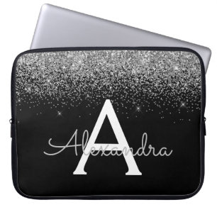 Silver Black Glitter and Sparkle Monogram Laptop Sleeve