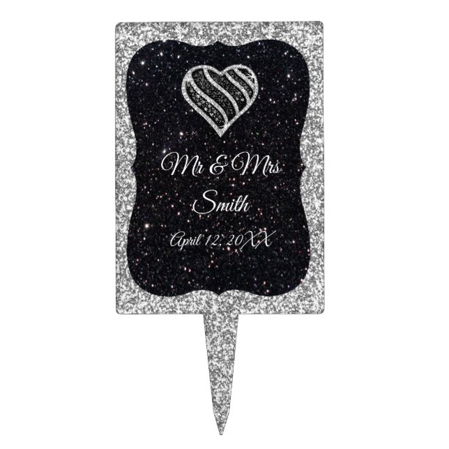 Silver Black Glitter Black & White Heart Wedding Cake Topper (Front)