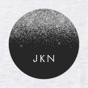 Silver Black Glitter Chic Monogram Name Labels