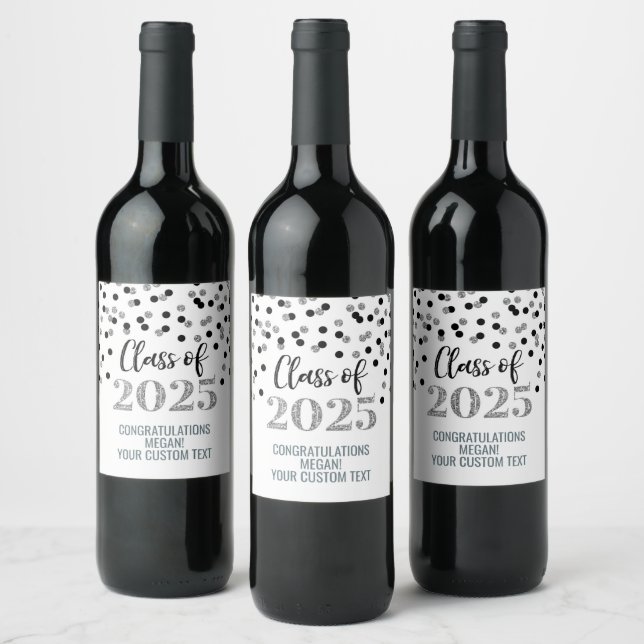 Silver Black Glitter Class of 2025 Graduation Wine Label (Bottles)