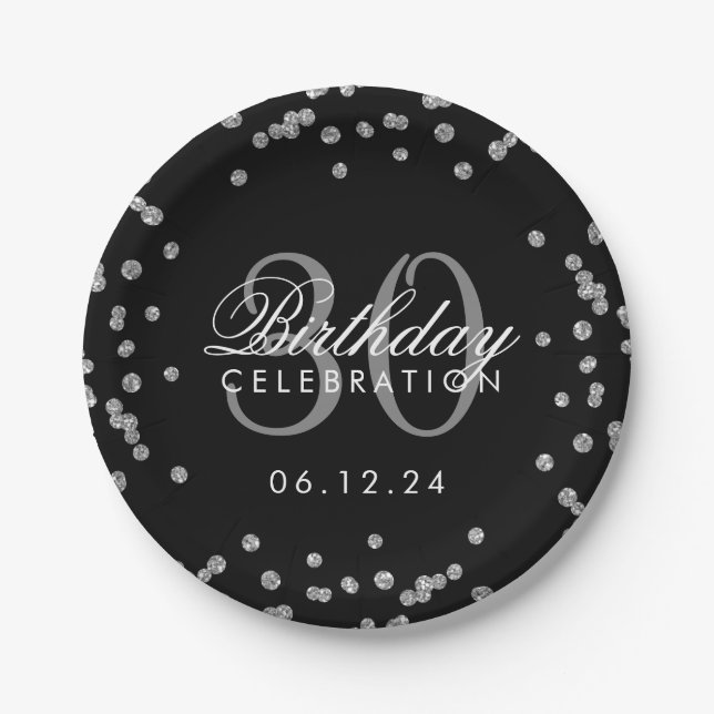 Silver Black Glitter Confetti 30th Birthday Paper Plates (Front)