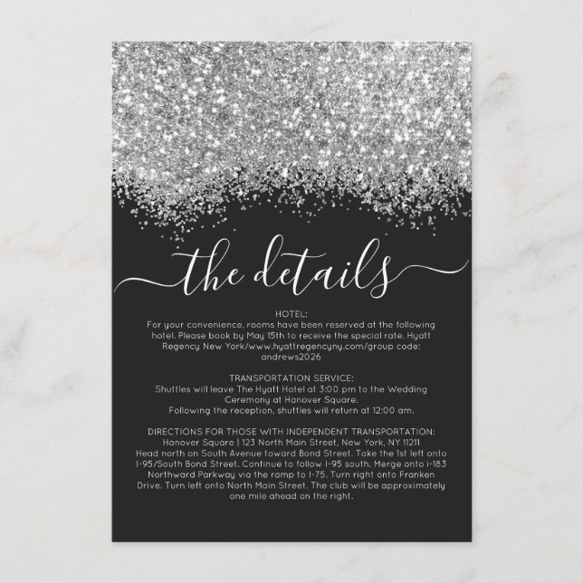 Silver Black Glitter Confetti Wedding Detail Enclosure Card (Front)