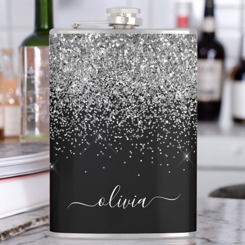 Silver Black Glitter Custom Monogram Name Flask