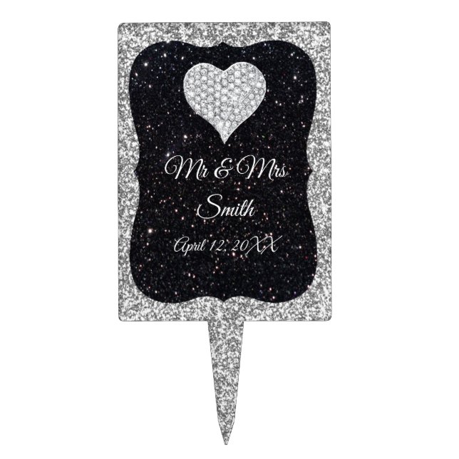 Silver Black Glitter Diamond Heart Wedding Cake Topper (Front)