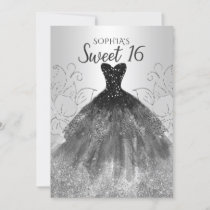 Silver Black Glitter Dress Sweet 16 birthday Invitation