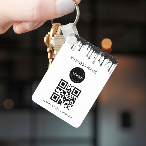 Silver Black Glitter Dripping Company Logo QR Code Keychain