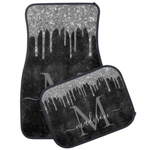 Silver Black Glitter Dripping Sparkle Monogram Car Floor Mat