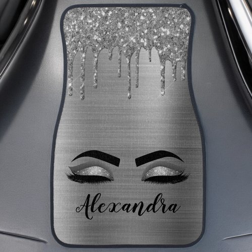 Silver Black Glitter Eyelashes Monogram Name Car F Car Floor Mat