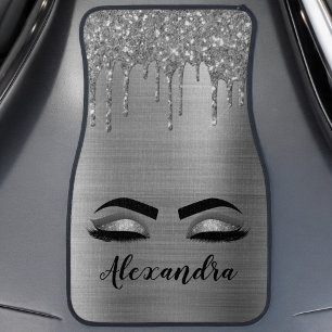 Silver Black Glitter Eyelashes Monogram Name Car F Floor Mat