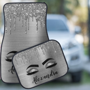 Silver Black Glitter Eyelashes Monogram Name Car Floor Mat