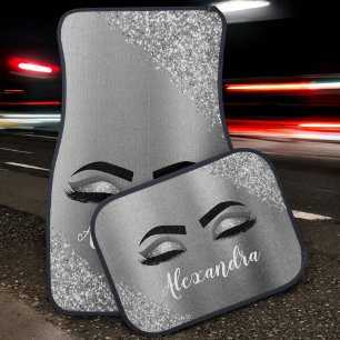 Silver Black Glitter Eyelashes Monogram Name Car Floor Mat