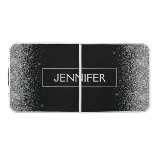 Silver Black Glitter Girly Monogram Name Beer Pong Table