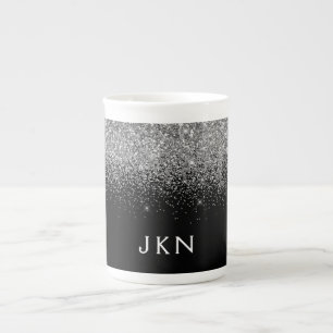 Silver Black Glitter Girly Monogram Name Bone China Mug