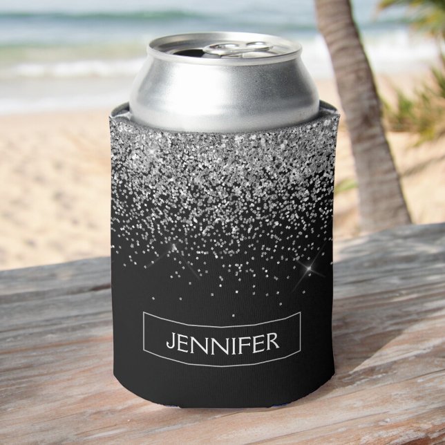 Silver Black Glitter Girly Monogram Name Can Cooler (Creator Uploaded)