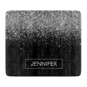 Silver Black Glitter Girly Monogram Name Cutting Board