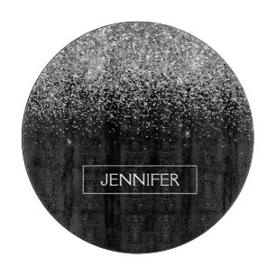 Silver Black Glitter Girly Monogram Name Cutting Board