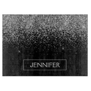 Silver Black Glitter Girly Monogram Name Cutting Board