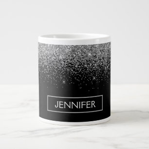 Silver Black Glitter Girly Monogram Name Giant Coffee Mug