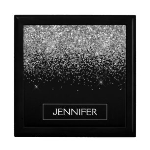 Silver Black Glitter Girly Monogram Name Gift Box
