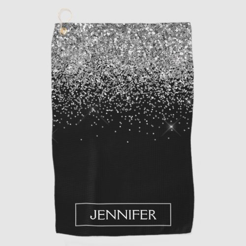 Silver Black Glitter Girly Monogram Name Golf Towel