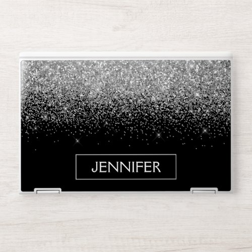Silver Black Glitter Girly Monogram Name HP Laptop Skin