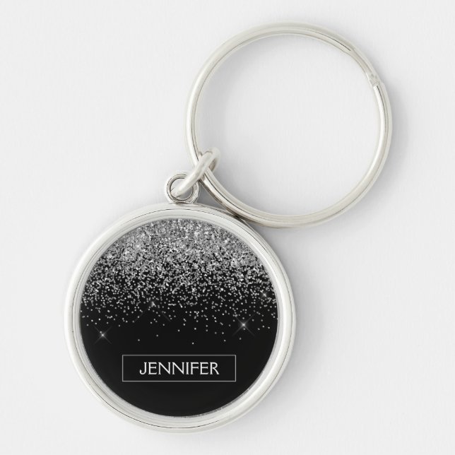 Silver Black Glitter Girly Monogram Name Keychain (Front)