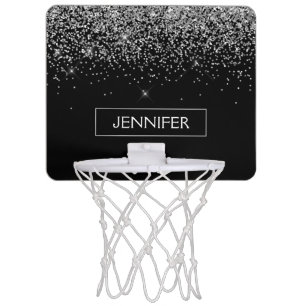 Silver Black Glitter Girly Monogram Name Mini Basketball Hoop