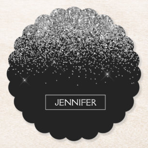 Silver Black Glitter Girly Monogram Name Paper Coaster