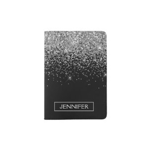 Silver Black Glitter Girly Monogram Name Passport Holder