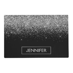 Silver Black Glitter Girly Monogram Name Placemat