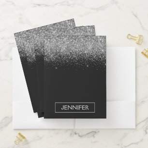Silver Black Glitter Girly Monogram Name Pocket Folder