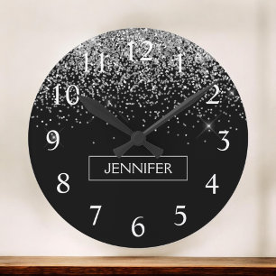 Silver Black Glitter Girly Monogram Name Round Clock