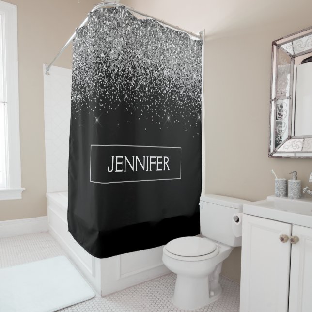 Silver Black Glitter Girly Monogram Name Shower Curtain (In Situ)