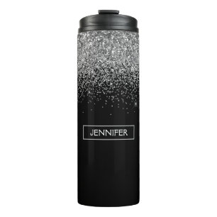 Silver Black Glitter Girly Monogram Name Thermal Tumbler