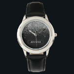 Silver Black Glitter Girly Monogram Name Watch<br><div class="desc">Silver and Black Sparkle Glitter Monogram Name Watch. This makes the perfect sweet 16 birthday,  wedding,  bridal shower,  anniversary,  baby shower or bachelorette party gift for someone that loves glam luxury and chic styles.</div>