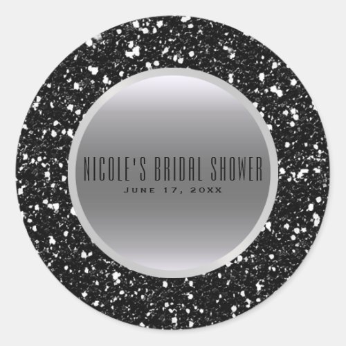 Silver  Black Glitter Glam Elegant Wedding Favor Classic Round Sticker