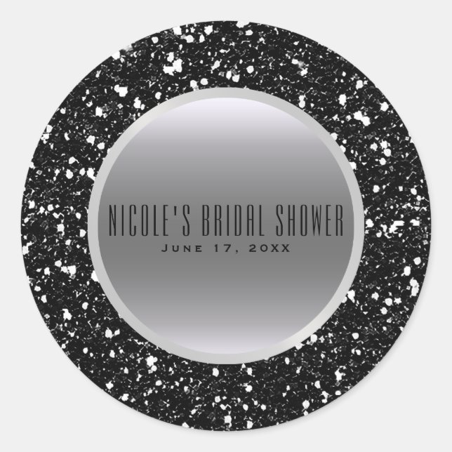 Silver & Black Glitter Glam Elegant Wedding Favor Classic Round Sticker (Front)