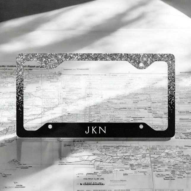 Silver Black Glitter Glam Monogram License Plate Frame (Creator Uploaded)